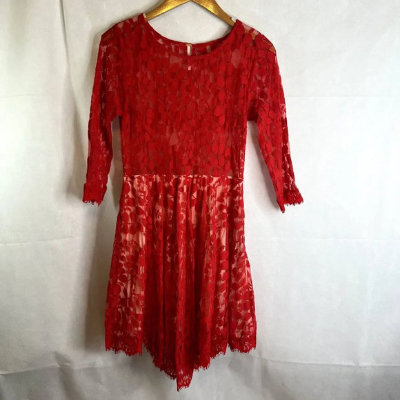 Free People 3/4‎ Sleeve Mesh Lace Overlay Dress Red Size 4 - Picture 10 of 10